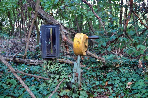 Old overgrown used railway track switch mechanism in a forest. A neglected gear shifting device, mechanism with manual control for old railway tracks. non urban solitude, merging with nature.