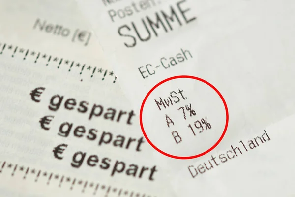 german cash sales receipt circled in red. Invoice with vat tax value. VAT rate 19 percent to 16% and 7 percent to 5%. financial / invoice - deutschland - germany. german word gespart - saved money