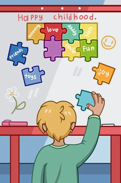 Concepto de la infancia feliz con el muchacho joven colocando piezas coloridas del rompecabezas — Foto de Stock
