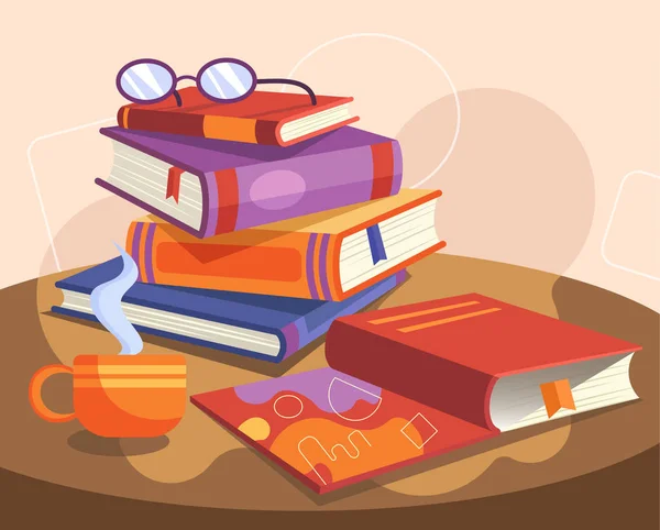 Stacked books, steaming cup of coffee and glasses on a round wooden table in a colorful vector cartoon illustration in concepts of reading, studing or personal entertainment. — Stock Vector