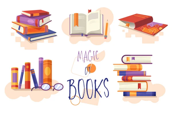 Magic of Books set of icons or design elements showing stacked books, open book for reading, row on a bookshelf and closed hardcover textbook with central text, vector cartoon illustration — Stock Vector