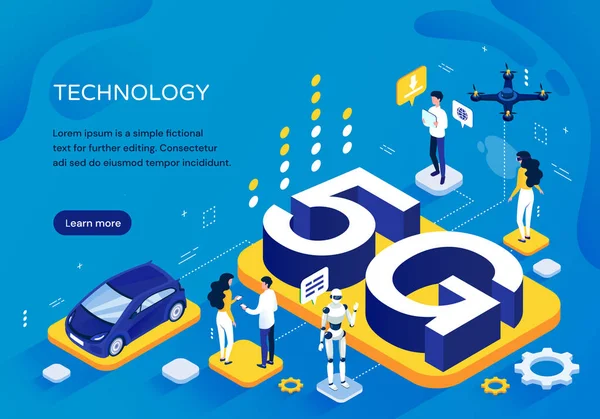 Concepto de red celular 5G, plantilla pictográfica para una mayor velocidad de comunicación con las personas en diversas actividades, un robot y un coche alrededor de letras 3D, ilustración vectorial isométrica — Vector de stock