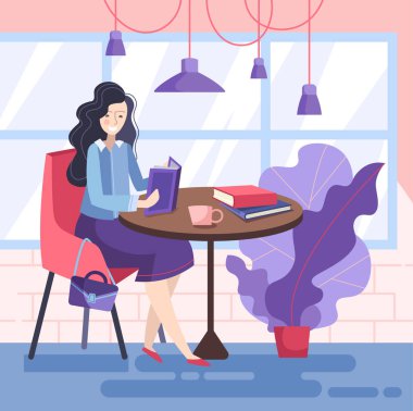 İş kadını kitap okurken bir restoranda kahve içme oturma ofiste bir mola zevk, vektör illüstrasyon.