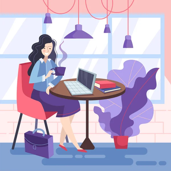 Mujer de negocios disfrutando de un descanso de la oficina sentada en un restaurante bebiendo café mientras trabaja en un ordenador portátil, ilustración vectorial . — Vector de stock