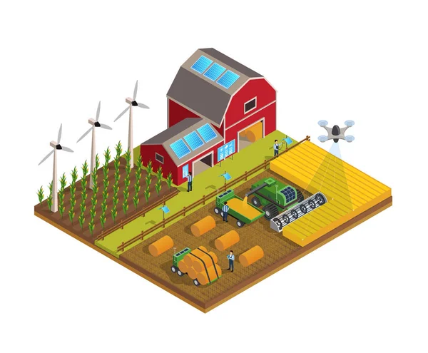 Agriculture automation smart farming composition with editable text and view of field cultivation with modern technologies and different up-to-date equipment vector illustration. — Stock Vector