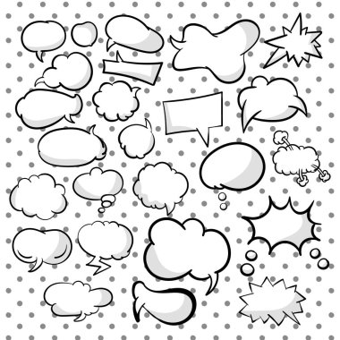 Set, konuşma koleksiyonu ve karikatür kabarcıklar düşünüyorum. Metinler için farklı boş doodle kabarcıkları. Çeşitli formlar. Vektör illüstrasyon. Dairelerle beyaz arka plan üzerinde yalıtılmış