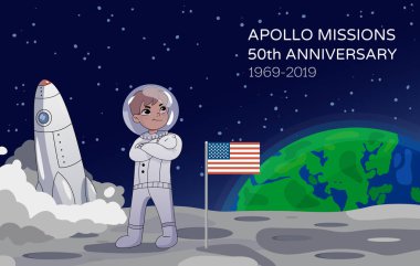 American astronaut standing on the moon alongside the USA flag with a rocket in the background commemorating the Apollo Missions 50th Anniversary. Earth rising in the background. Cartoon style. Vector clipart