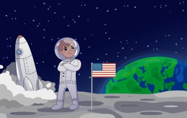 Amerikan astronot arka planda bir roket ile ABD bayrağı yanında ay üzerinde duruyor. Dünya arka planda yükseliyor. Çizgi film tarzı. Vektör