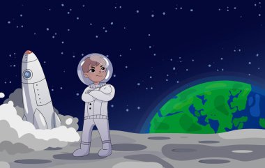 Astronot ya da kozmonot arka planda bir roket ile ABD bayrağı yanında ay üzerinde duruyor. Dünya arka planda yükseliyor. Çizgi film tarzı. Renkli Vektör illüstrasyon.