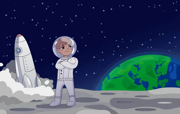 Űrhajós vagy űrhajós állva a Holdon mellett az USA-zászló egy rakéta a háttérben. Föld emelkedik a háttérben. Rajzfilm stílusban. Színes vektoros illusztráció. — Stock Vector
