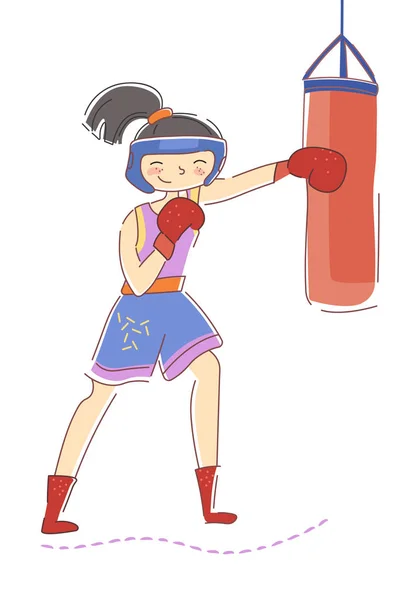 Fit young woman boxer punching a bag in a gym during training for a fight in a health, fitness or sport concept — Stock Vector