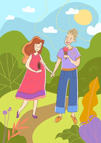 Молодая пара с беременной женой, идущая рука об руку в парке летом наслаждаясь мороженым, пока они ждут рождения своего нерожденного ребенка, цветная иллюстрация вектора мультфильма — стоковый вектор