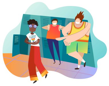 Gençler okulda ki bayan sınıf arkadaşıyla alay ediyor. Afro-Amerikalı kız lezbiyen. Lgbtq topluluğunun haklarının ihlali kavramı. Ergen şiddeti, alay. Zorba -lık. Renkli vektör çizimi