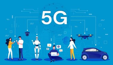 5g kavramı. Akıllı telefonlar, robotik, bilgisayar, drone ve araç, vektör illüstrasyon ile daha hızlı bağlantı için mobil kablosuz teknolojiyi kullanarak 5g kablosuz ağ Karikatür infografik