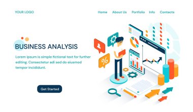 Business Analysis website template design with space for text and a cartoon businessman doing a presentation clipart