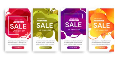 Damla gölge ile beyaz üzerinde yüzde 50'ye varan indirim ve özel teklifler sunan farklı renklerde dört Sonbahar Satılık poster tasarımları seti.