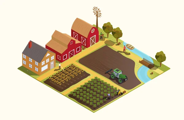 Cartoon-Modell einer Farm mit Traktor, Obstgarten und Scheunen mit einem Bauern, der auf einem Feld neben einem Fluss arbeitet, isoliert auf weiß — Stockvektor