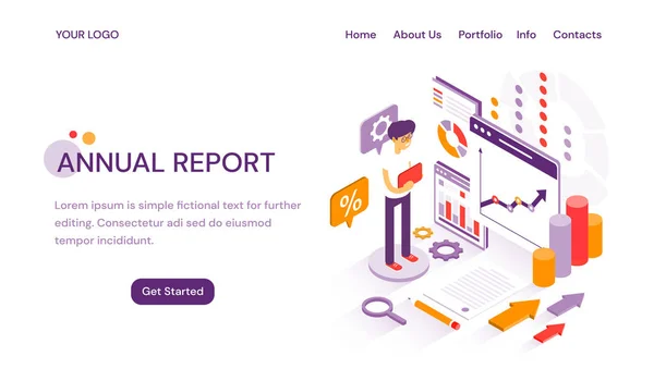 Modèle de site Web en ligne du Rapport annuel pour l'analyse de fin d'exercice et les finances avec espace de copie pour le texte et l'illustration — Image vectorielle