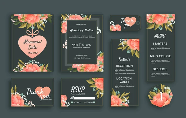 Wedding suite template decorate with beautiful lowers. Including memorial date card, invitation card, wedding menu, response card and thank you card.b Black background. Vector illustration — Stock Vector