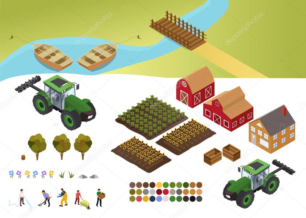 Colorful design elements for Farm and Agriculture with fields of crops, barn, farmhouse, farmers at various tasks, tractors and boats