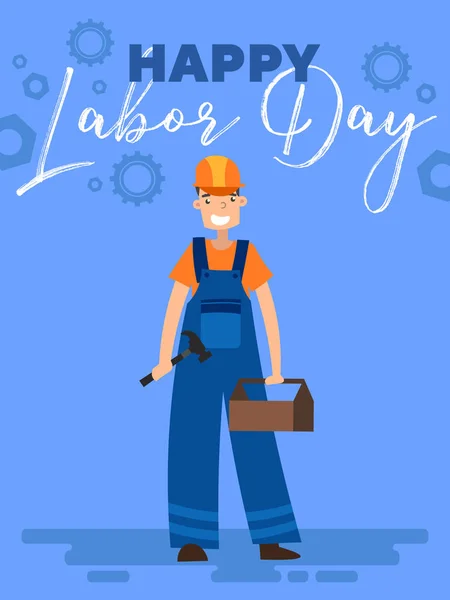 Diseño del póster del día del trabajo feliz con un obrero que lleva una caja de herramientas con un sombrero blanco debajo del texto y engranajes industriales en una ilustración colorida del vector temático azul . — Vector de stock