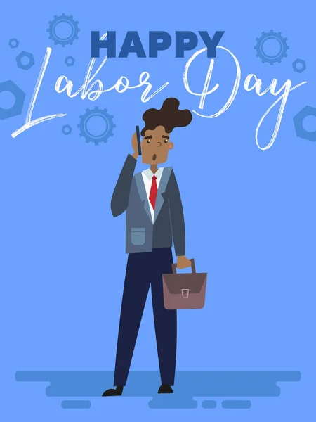 Feliz Día del Trabajo cartel o diseño de tarjetas de felicitación con un hombre de negocios afroamericano o un gerente de pie bajo el texto sobre un fondo azul, colorido vector de dibujos animados, ilustración . — Vector de stock