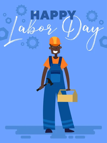 Diseño del póster del día del trabajo feliz con un trabajador afroamericano que lleva una caja de herramientas con un sombrero blanco debajo del texto y engranajes industriales en una ilustración colorida del vector temático azul . — Vector de stock