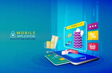 Web sitesi, mobil uygulama için online alışveriş kavramı. Alışveriş sepeti, düğmeler, kredi kartı ile ödeme yuvası ve bir dükkanda giysiler ve aksesuarların arka ekranı. Vektör izometrik ıllustrrasyon.