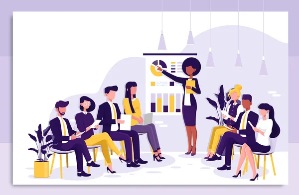 Smart businesswoman giving a presentation to colleagues during in house business training pointing to charts and statistics in a colorful Flat Vector illustration — Stock Vector