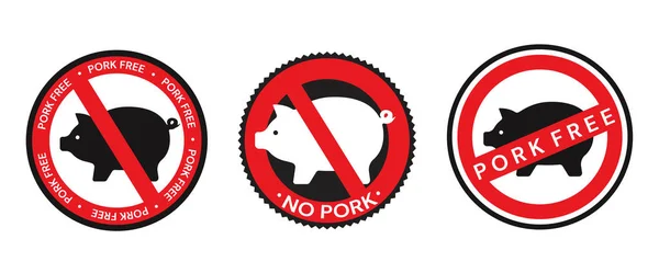 Collectie van vector rode en zwarte borden, iconen en badge ontwerpen met betrekking tot varkensvlees zonder varkensvlees, varkensvlees gratis en varken silhouet pictogrammen die varkensvlees geïsoleerd op wit. — Stockvector