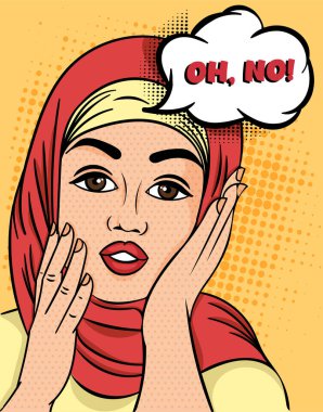 Pretty Müslüman Woman hijab bağırarak - Oh, Hayır ilgili bir ifade, renkli Pop Art Vector illüstrasyon ile yanaklarına ellerini yükselterek.