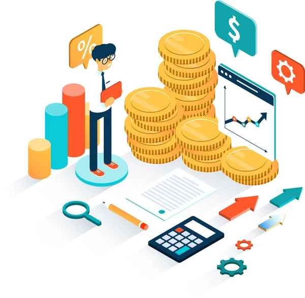 Infográficos de negócios 3d com um empresário analisando vários gráficos como conceito para qualquer análise financeira em fundo branco para espaço de cópia — Vetor de Stock