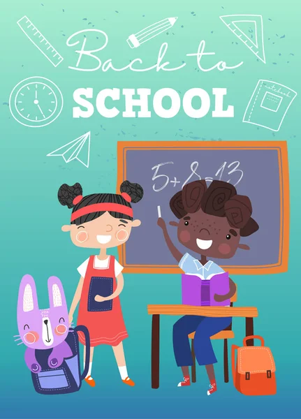 Concepto Back To School con dos niños jóvenes multirraciales en un aula con su mascota en una mochila, aprendiendo aritmética en una colorida ilustración vectorial con texto . — Vector de stock