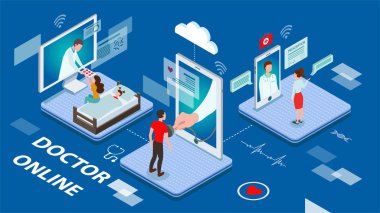 Hasta hastalar ile Doctor Online kavramı mavi tonda vektör illüstrasyon sanal interaktif ekranlarda tıbbi personel tarafından tedavi ediliyor.