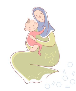 Hijab ve geleneksel elbise sevgi dolu genç müslüman anne koruyucu kucağında pembe beyaz izole gülümseyen mutlu bir bebek kızı sarılma oturuyordu. Vektör çizimi