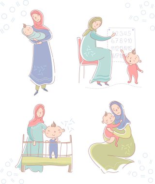 Türban takan genç müslüman anne ve yeni doğmuş bir bebeği kucaklayan, kucağında bir kız asarken, oğlu çocuk yuvasında beşikte durup küçük bir çocuğa sayılarla saymayı öğretiyor.