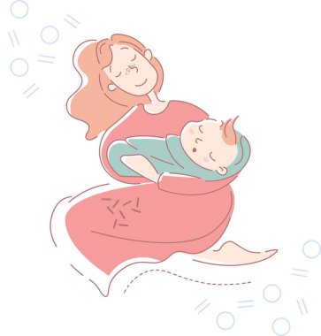 Çocuk bakımı, ebeveynlik ve annelik kavramında şefkatli bir gülümsemeyle kollarında uyumak için mavi battaniyeye sarılmış küçük oğlunu sallayan genç anne