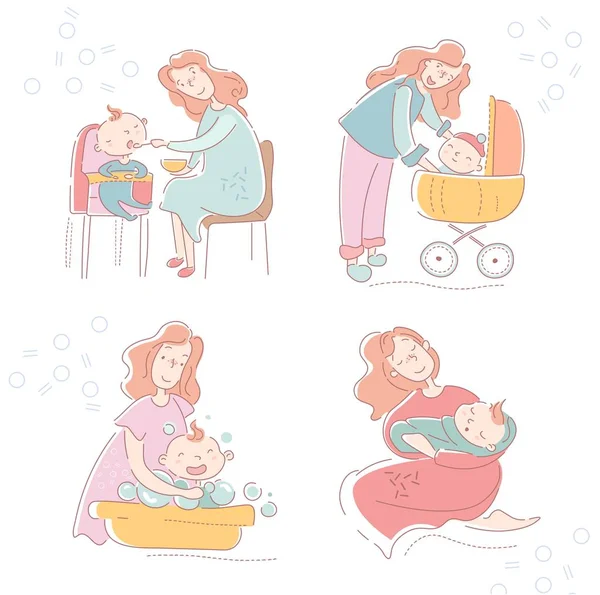 Cuatro bocetos de una madre y un bebé amorosos que muestran las diversas facetas de la maternidad, la crianza y el cuidado de los hijos con la hora de la alimentación, caminan en un cochecito, se bañan y se acuestan — Vector de stock