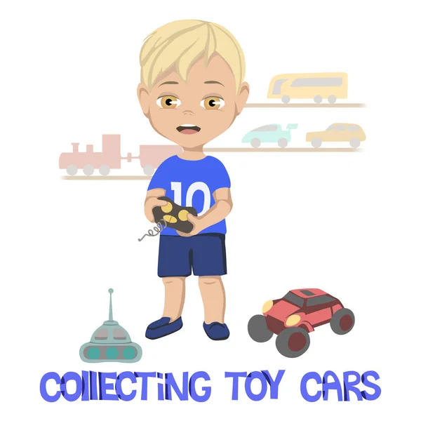 Illustratie van de kleine jongen staande voor miniatuurtreinen en auto's op de muur en naast speelgoed op de vloer — Stockvector