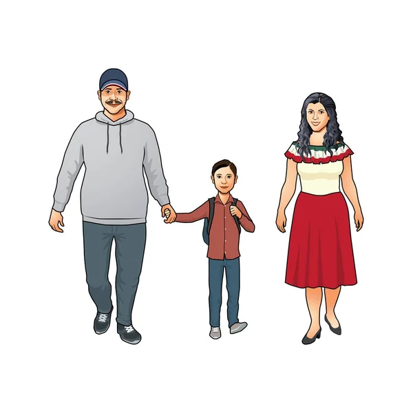 Feliz familia latina joven amistosa con la madre, el padre y su hijo pequeño — Archivo Imágenes Vectoriales