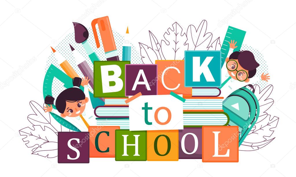 Colorful back to School concept with a young girl and boy in uniform backed by assorted school teaching accessories peering around either side of a stack of textbooks waving with multicoloured text