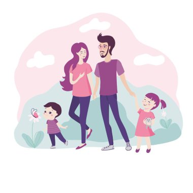 Doğada birlikte yürüyen mutlu genç aile yazdırın
