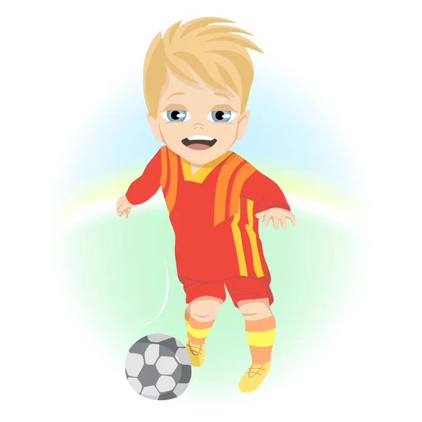 Menino feliz com bola jogando futebol ao ar livre — Vetor de Stock