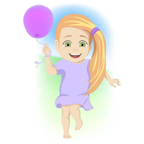 Linda menina loira de olhos verdes dançando com um balão de festa rindo e se divertindo ao ar livre em uma ilustração colorido vetor cartoon — Vetor de Stock