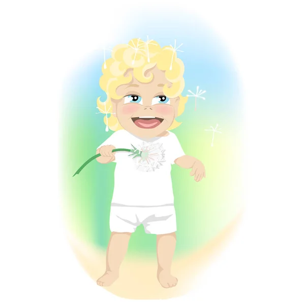 Niño feliz jugando con un reloj de diente de león pidiendo un deseo mientras las delicadas semillas flotan en el viento en una colorida ilustración vectorial de dibujos animados — Vector de stock