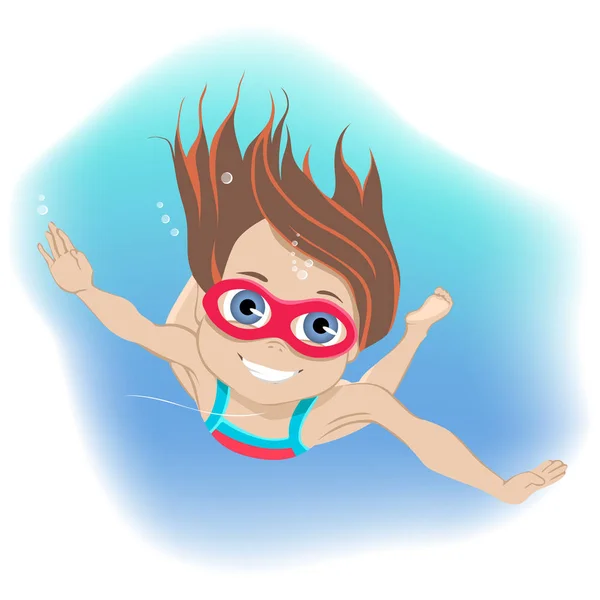 Gelukkig kindertijd concept. Gelukkig actief klein meisje dragen bril zwemmen onderwater in een zwembad tijdens haar zomer vakantie in een kleurrijke cartoon vector illustratie — Stockvector