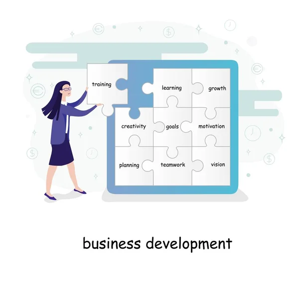 Business Development koncept s mladou ženou, která na stěnu umísťujete skládačky s textem — Stockový vektor