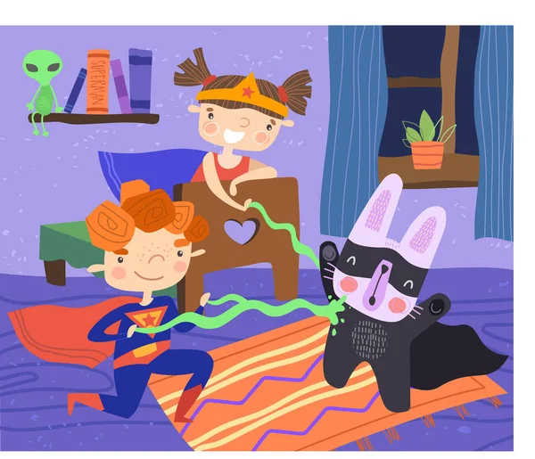Ilustración de niños sentados en el dormitorio con disfraces de superhéroes mientras explotan conejo con rayos de energía verde . — Vector de stock
