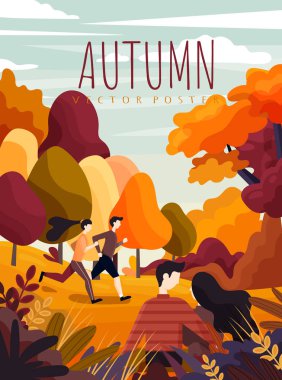 İnsanlar koşu ve mevsim bir karikatür vektör poster tasarımı ağaçlarüzerinde renkli yaprakları ile sonbaharda bir parkta bir yürüyüş zevk
