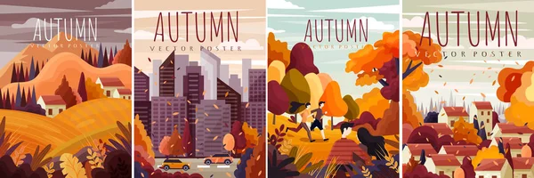 漫画ベクトルイラストでカラフルな秋の風景、都市景観や田舎のシーンと秋のポスターのための4つの異なるデザインのセット. — ストックベクタ